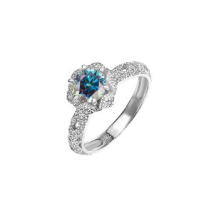 S925 Sterling Silver Ring Blue Moissanite Six Claw Women's Ring