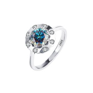 bouquet 925 sterling silver Blue Moissanite diamond ring