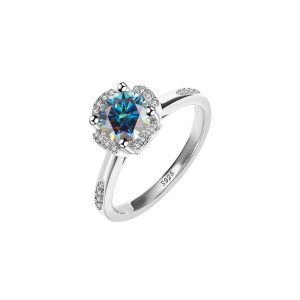 Hollow four-claw classic crown Blue Moissanite ring