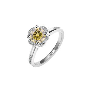 Hollow four-claw classic crown Yellow Moissanite ring